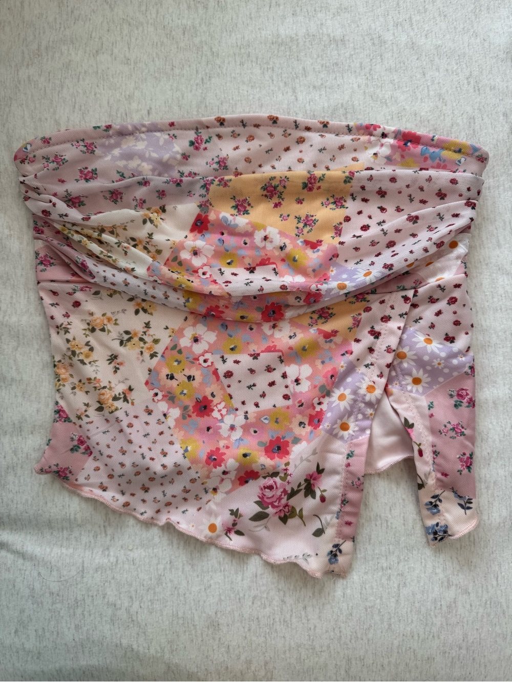 Strapless Floral Satin Crop Top - Pink